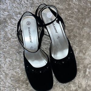 Y2K Black Velvet Ankle Strap Heels Rhinestone Detail Square Toe Size 10